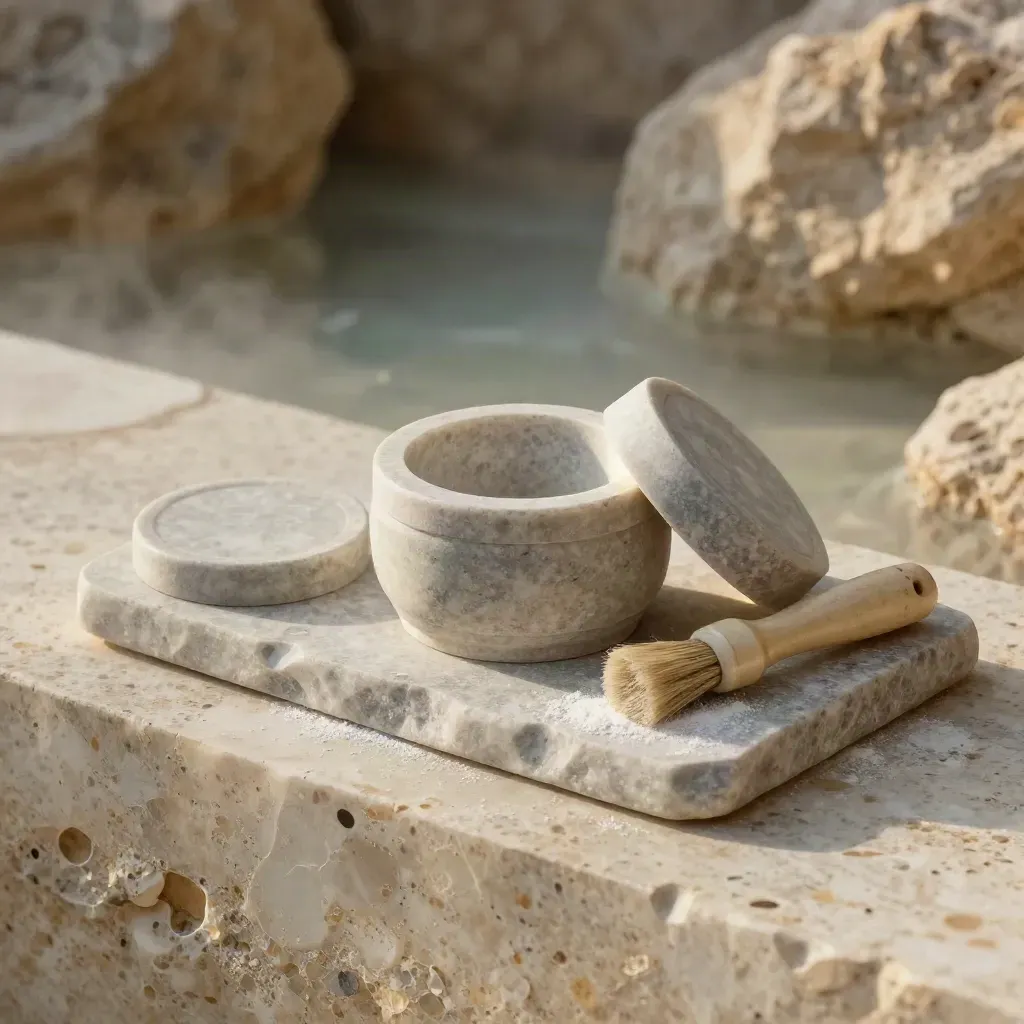 Travertine stone grinder set with brush and lid in soft side light and mineral haze.