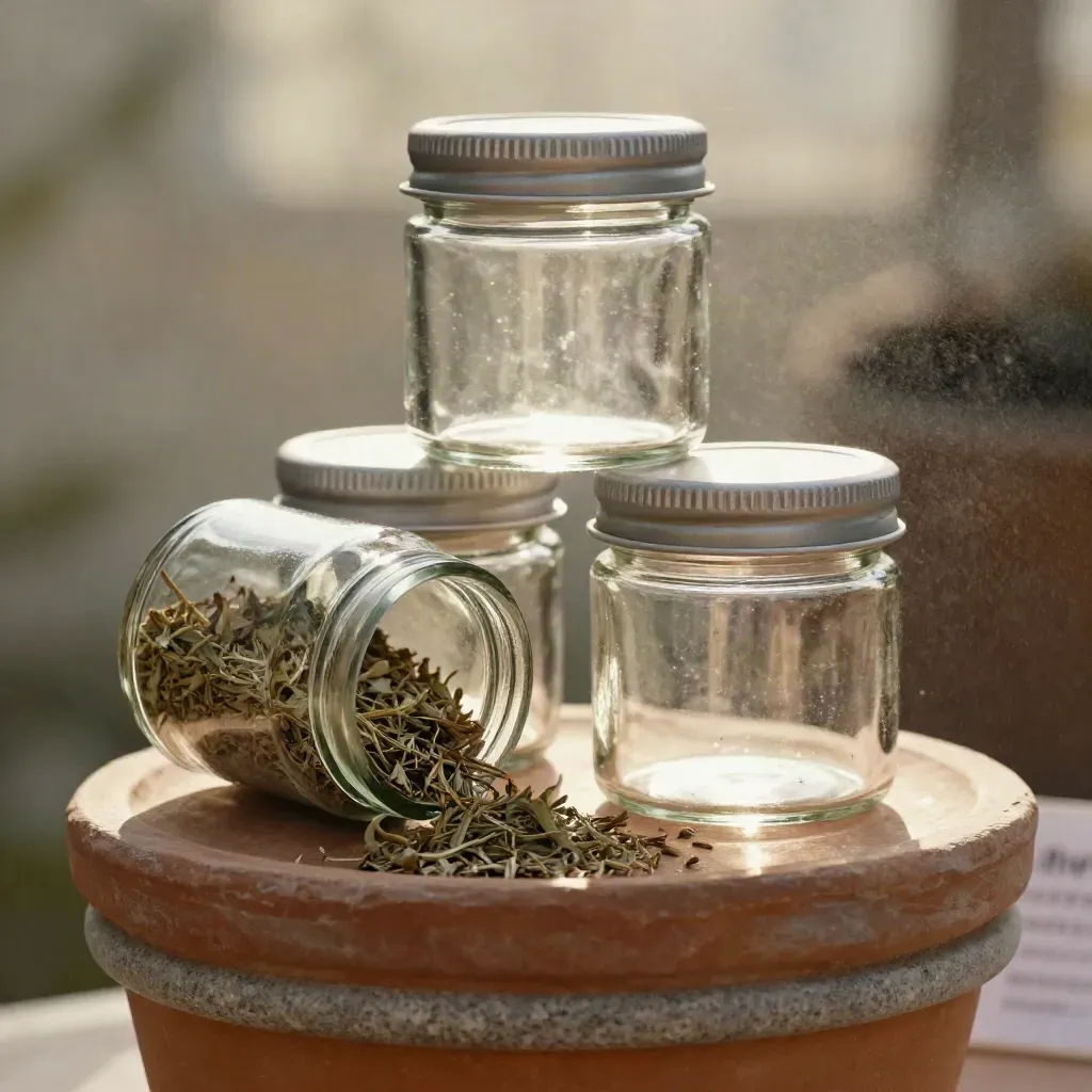 Three unbranded storage jars stacked with herb sprig on terracotta and stone