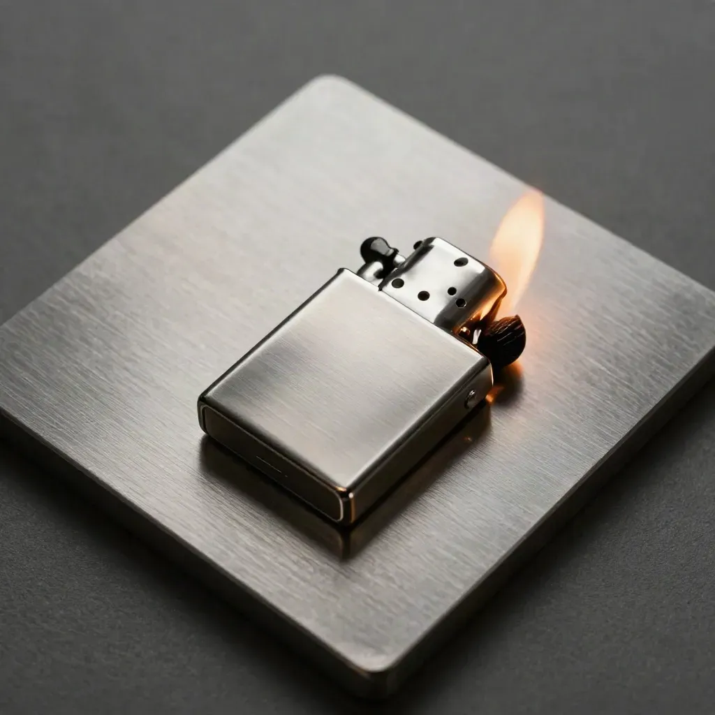 Top-down clip flame lighter beside its cap on brushed steel, faint heat shimmer after ignition.