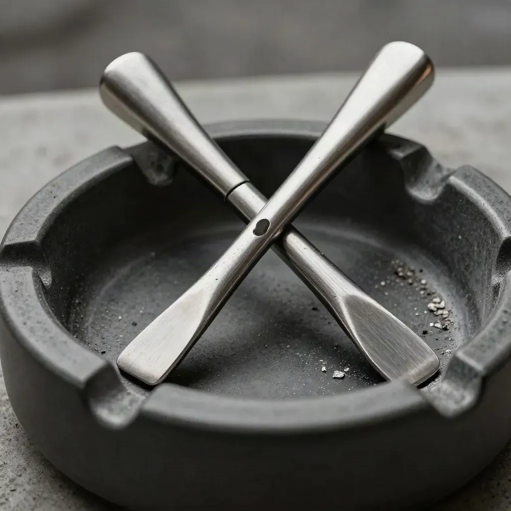Two brushed metal poker tools crossing on a dark ash tray, macro-lit in graphite and smoke gray.