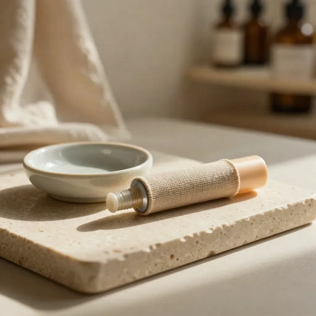 CBD roller tube, linen wrap, and ceramic dish on a cream travertine surface.