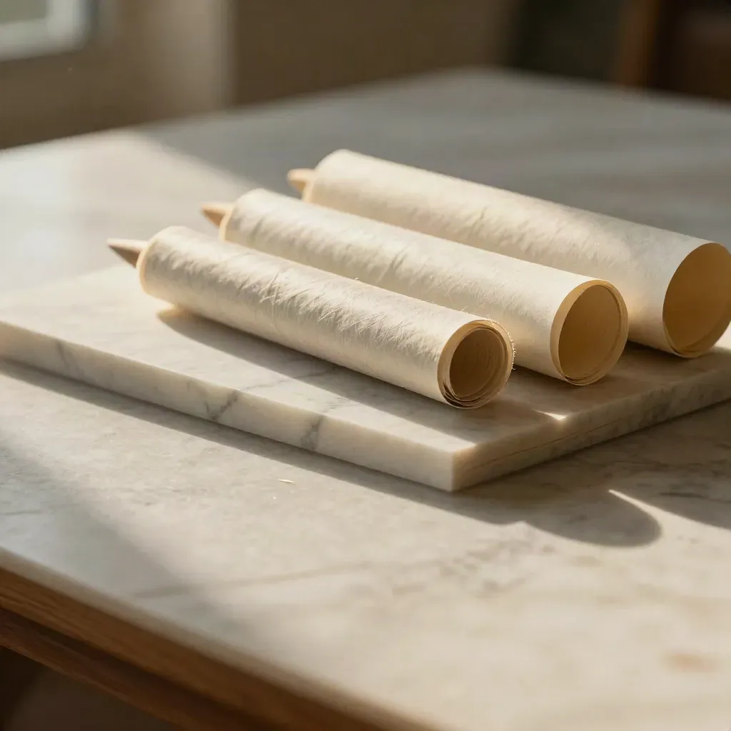 Pale marble surface with rolling paper booklets, cream shadows, and warm light