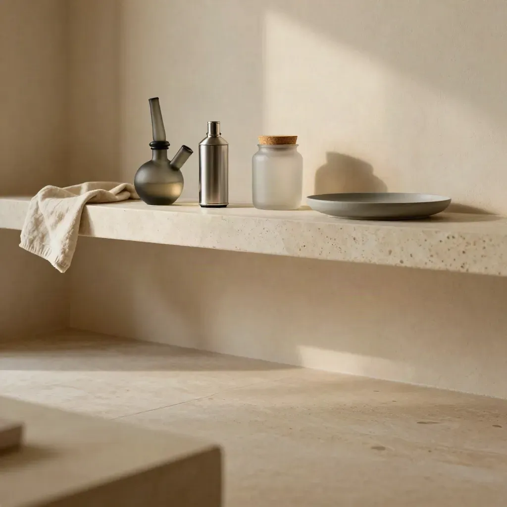 Smoked-glass pipe and vaporizer on travertine shelf in a soft plaster alcove