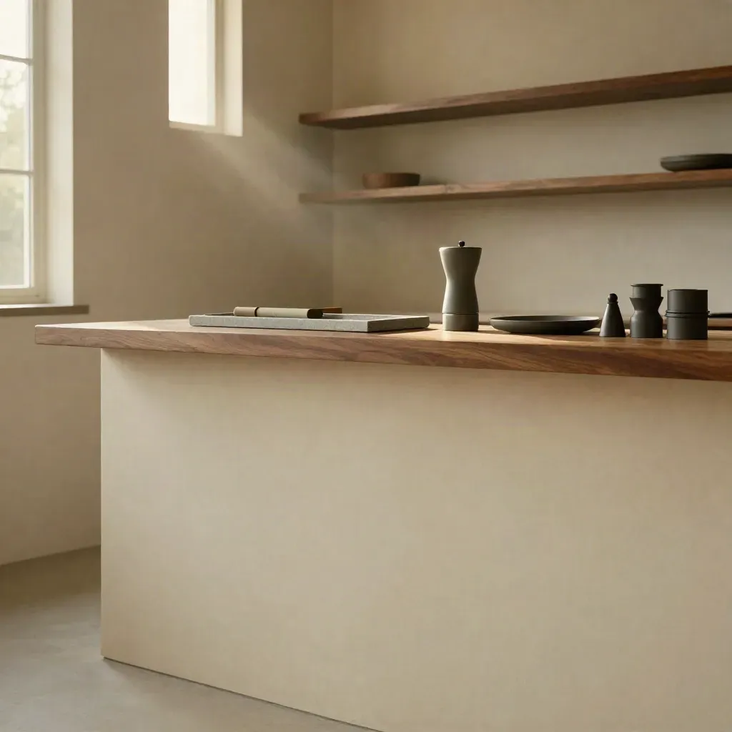 Warm loft interior with walnut counter and grinder-and-tray silhouettes in soft window light.