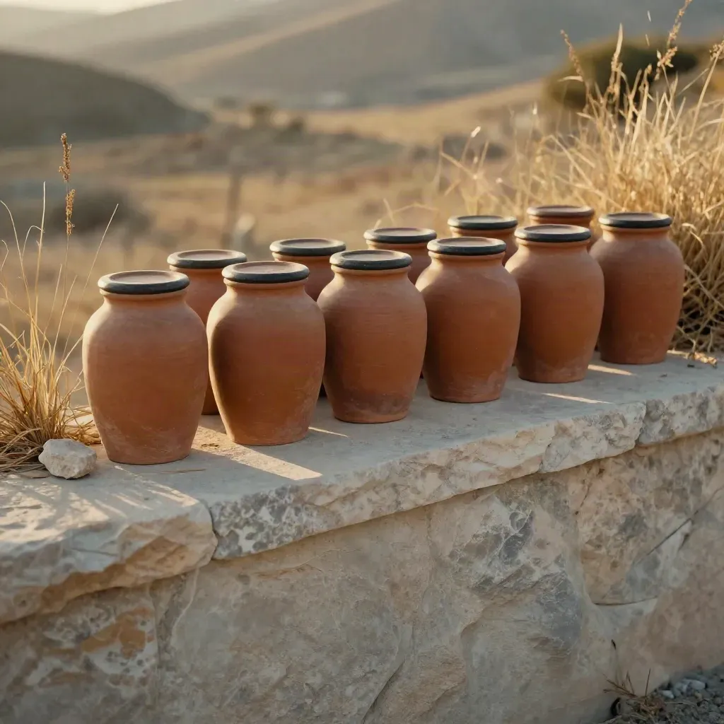 Amber storage jars on a sunlit stone ledge above dry grass and haze