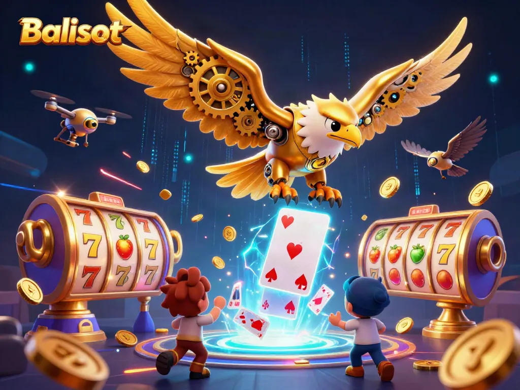 Experience thrilling wins on Balislot with a dynamic 3D illustration of a cybernetic eagle amidst spinning slot reels and golden trophies.