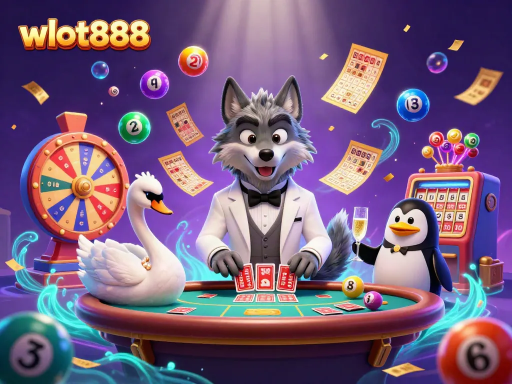 Permainan kartu Baccarat dengan wslot888 di kasino megah, dikelilingi bola lotere berwarna-warni dan tiket emas.