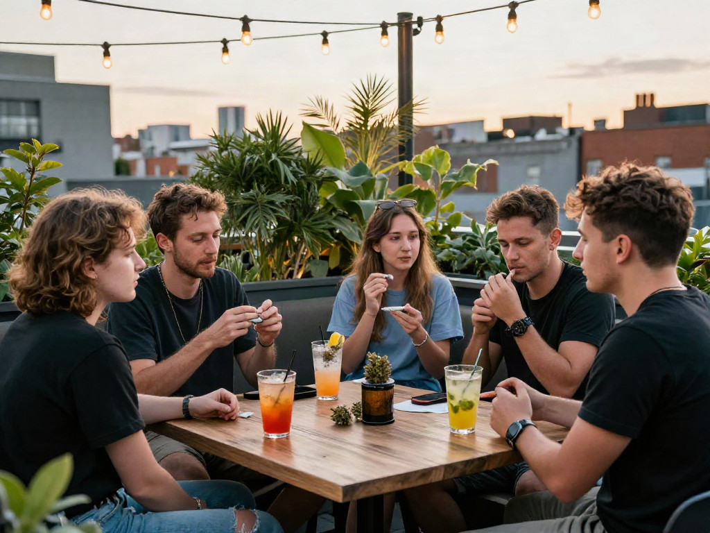 Dublin Weed enthusiasts sharing strains and enjoying drinks in a vibrant rooftop lounge setting.