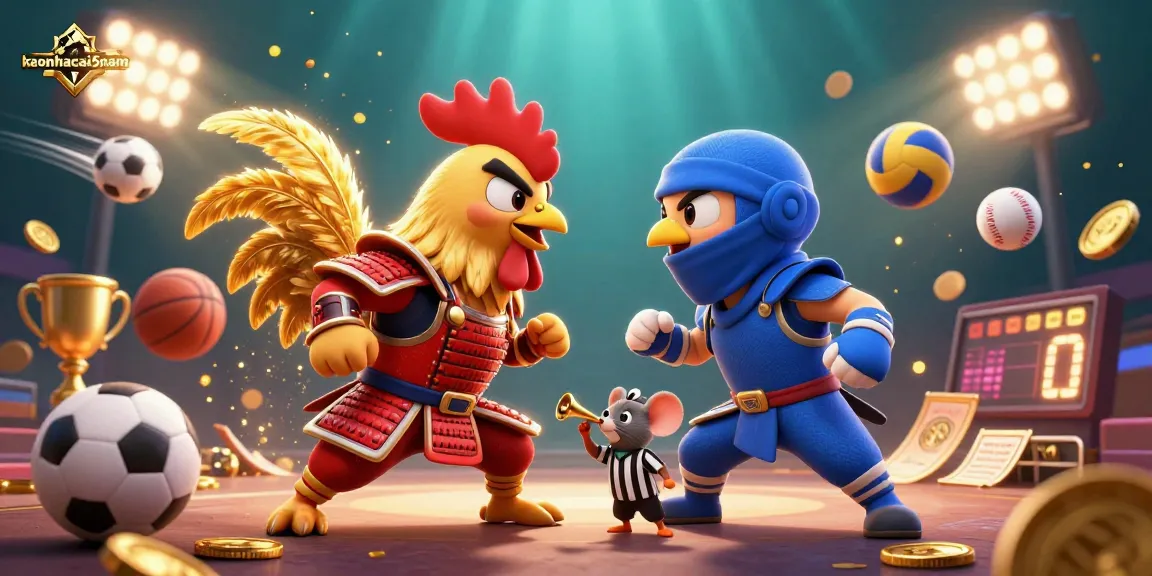 Engage with keonhacai5nam as cartoon roosters duel with sports elements flying around, showcasing dynamic betting action.