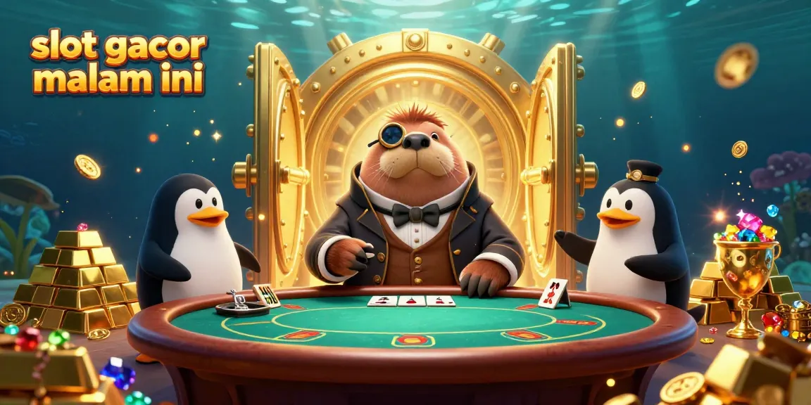 Visual menampilkan 'slot gacor malam ini' dengan karakter kartun lucu di meja poker bawah air.