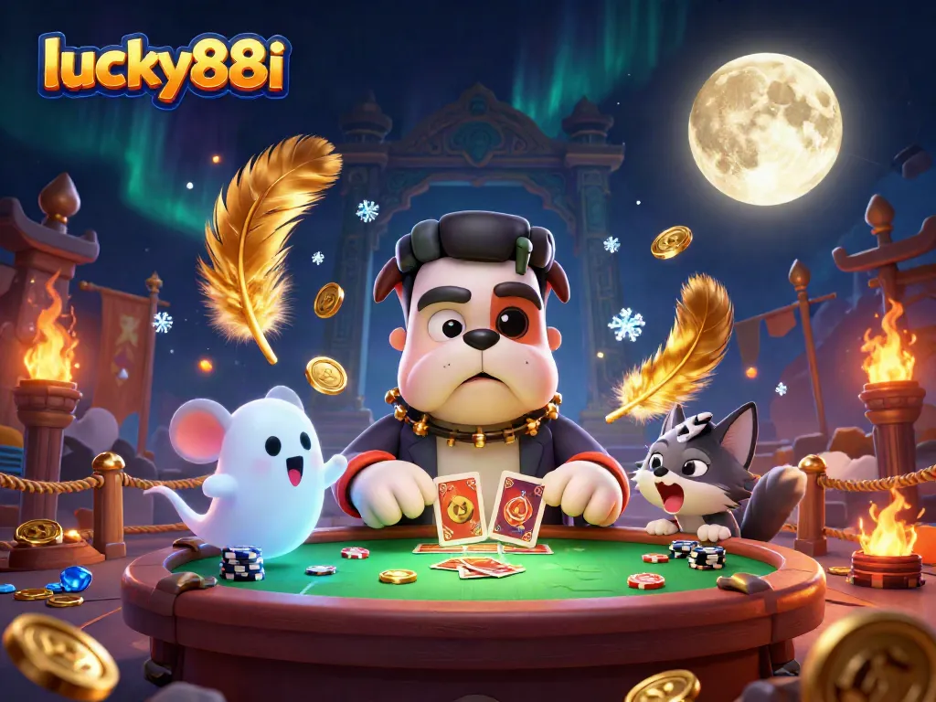 Engage with luck at lucky88i's casino table featuring a 3D Frankenstein bulldog monster, chips, and thrilling game elements.