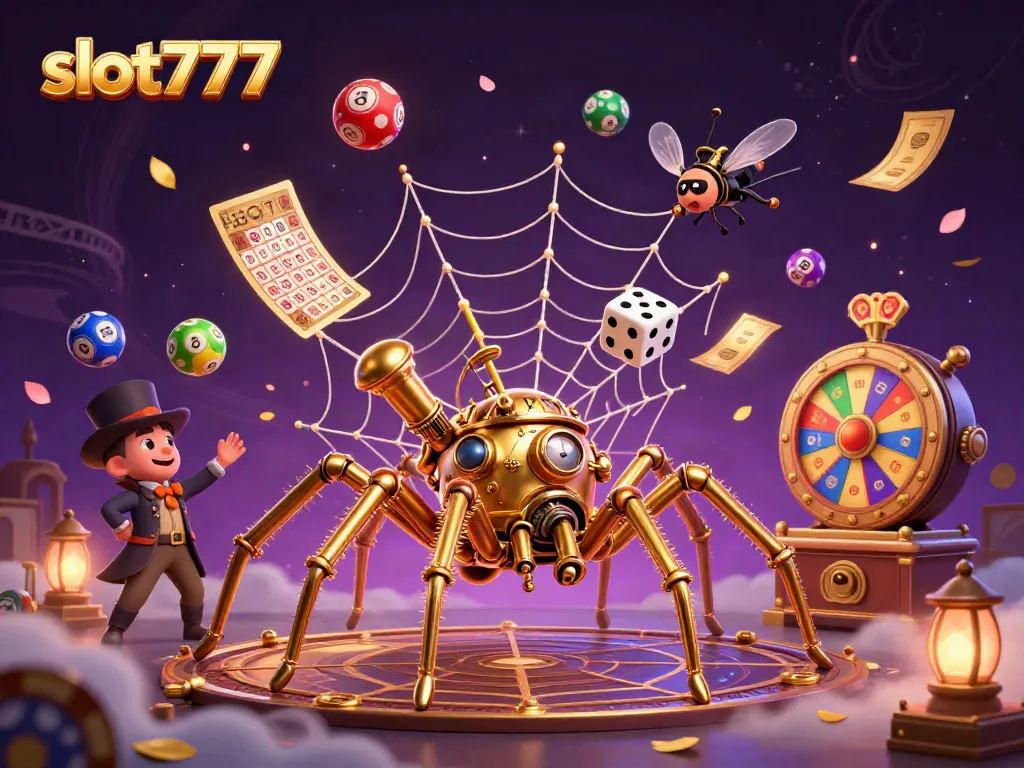 Slot777 menghadirkan ilustrasi kasino yang menarik dengan laba-laba steampunk dan dadu sial