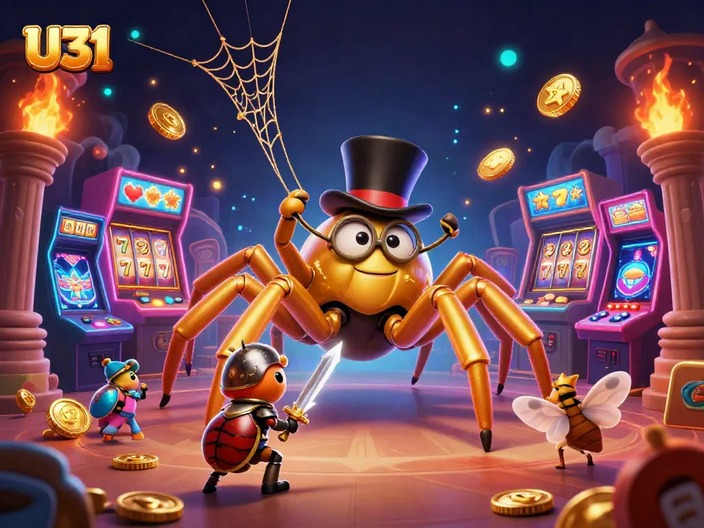 Win big with U31's vibrant gaming scene, featuring a golden tarantula and colorful slot machines.
