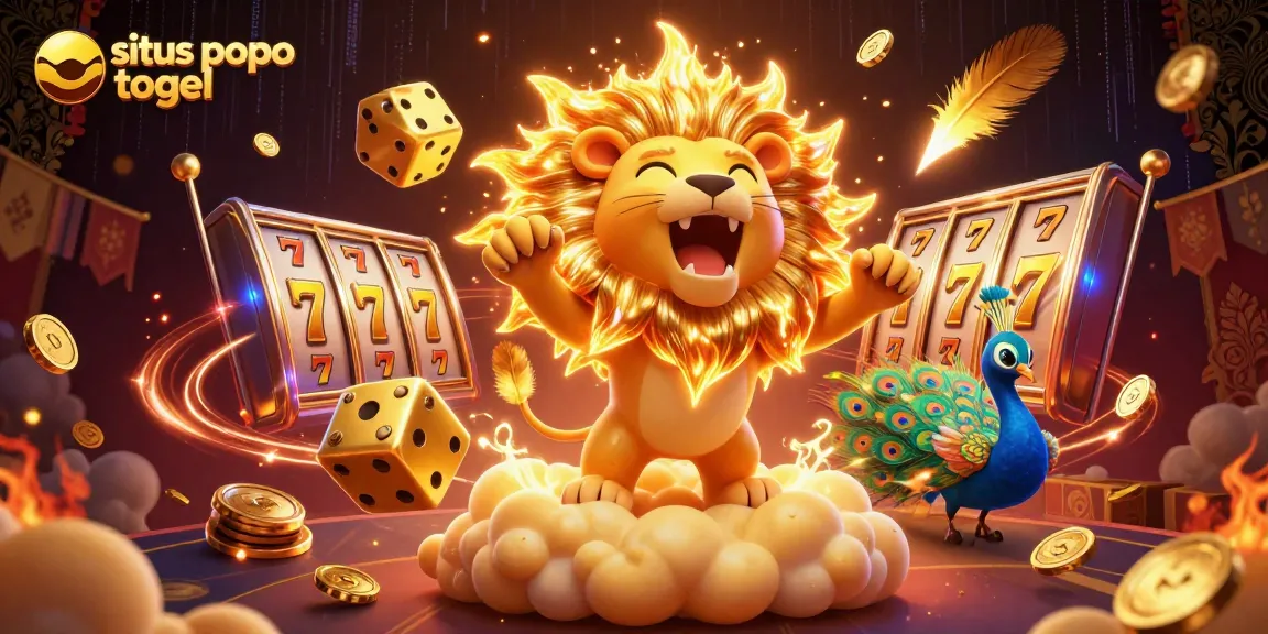 Situs popo togel features an energetic casino scene with a roaring lion, golden dice, and dynamic slot elements.