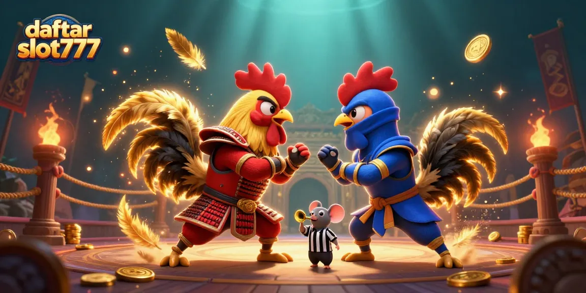 Engage with daftar slot777 as cartoon roosters battle in a thrilling casino atmosphere filled with excitement.