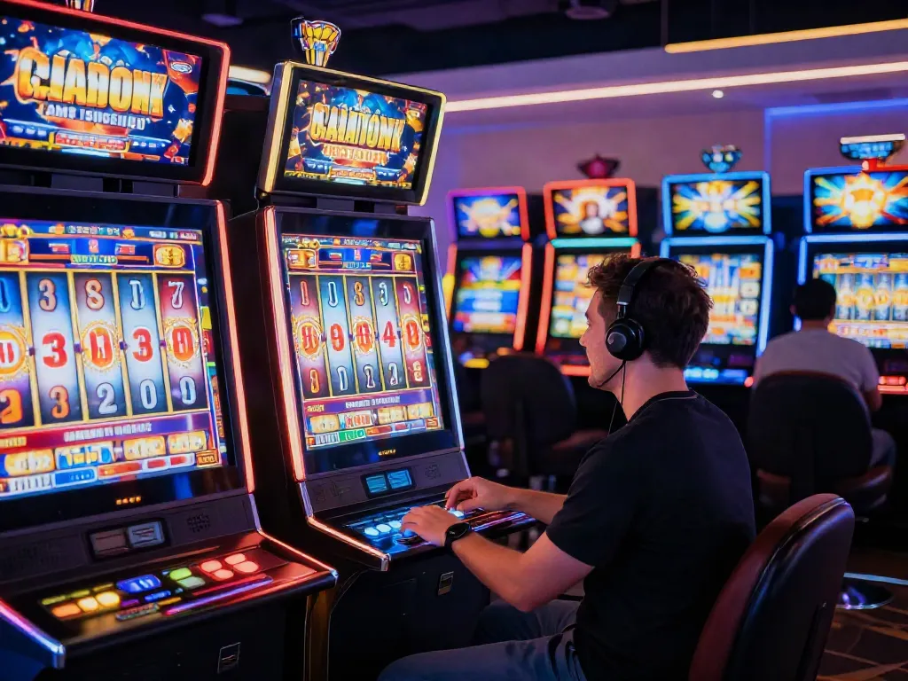 Player enjoying a slot jackpot experience in a vibrant virtual casino setting with bright neon lights.