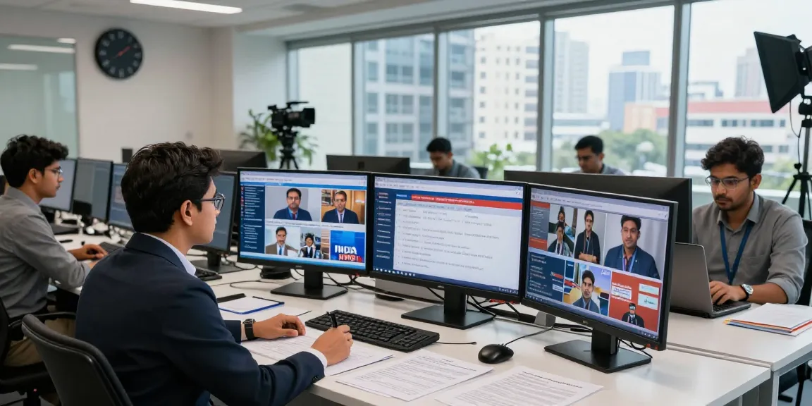 Dynamic newsroom at https://www.theindaily.com with journalists and live news feeds highlighting current events in India.