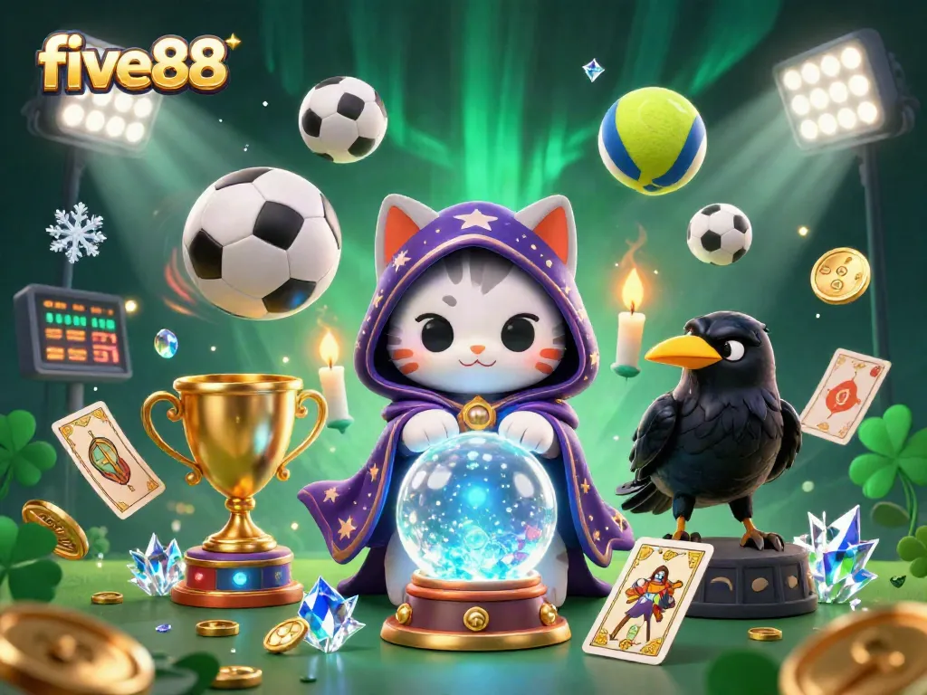 Engage with five88 in a vibrant casino scene showcasing mystical characters and dynamic sports elements.