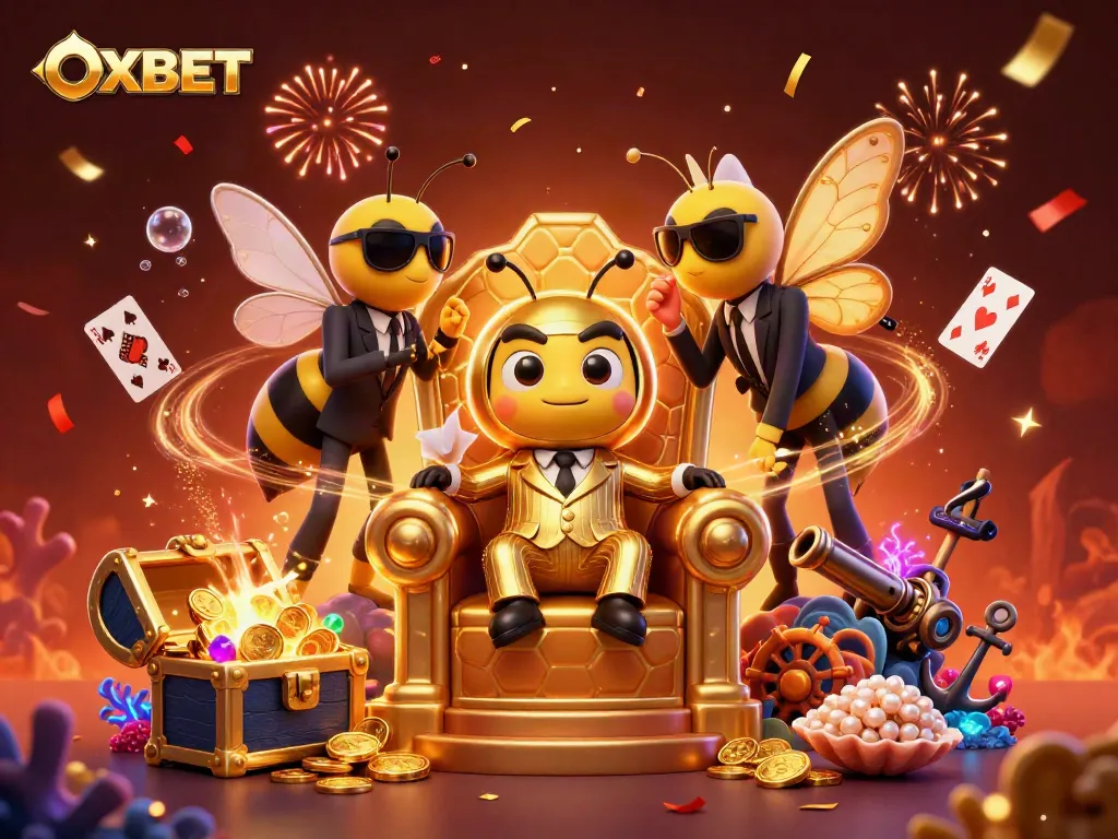 Experience thrilling games with OXBET at a vibrant casino scene featuring characters and gold treasures.