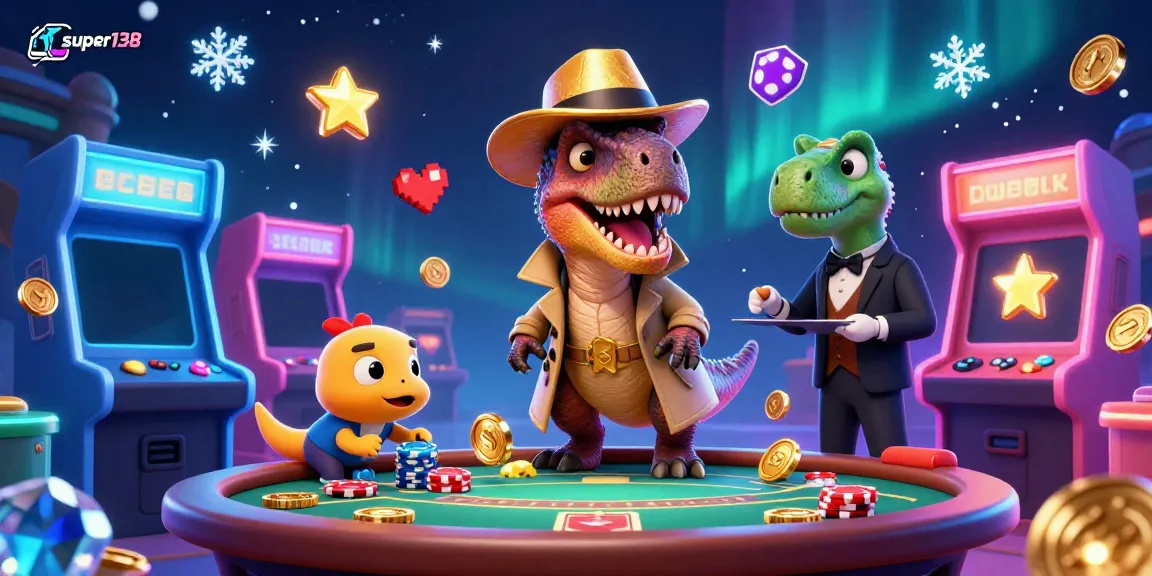 Engage with the vibrant world of super138, where cartoon dinosaurs play casino games, showcasing lively gambling action.