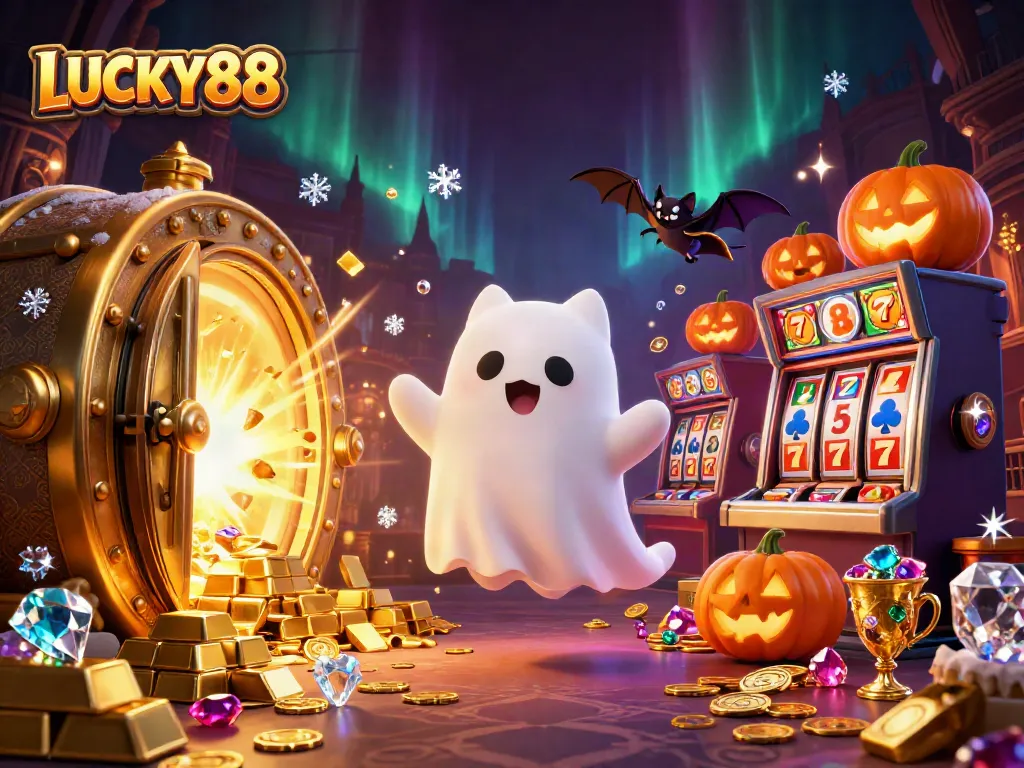 Bet big with LUCKY88 in a haunted casino, featuring a ghost cat and treasure vault!