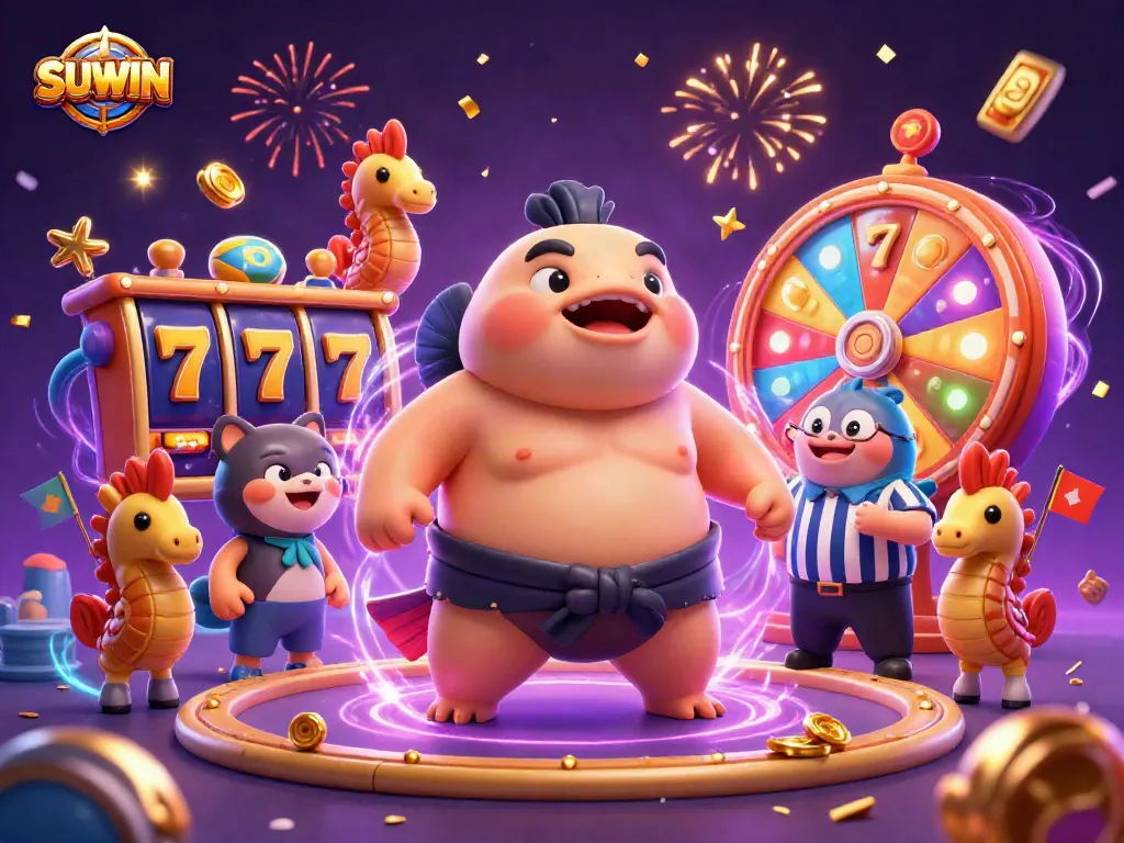 Suwin engages players with high-stakes action, showcasing a lively casino atmosphere with colorful slot games and vibrant characters.