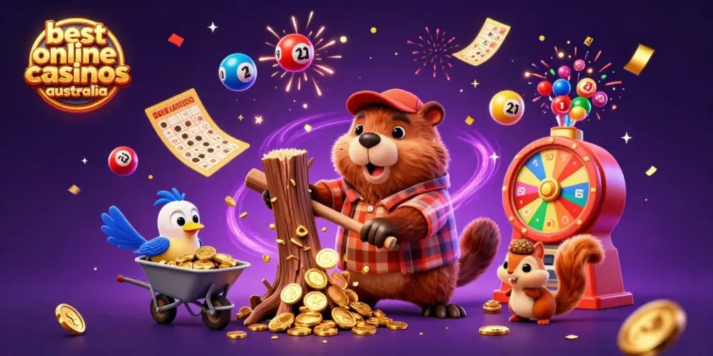 Engage with the best online casinos Australia through a vibrant 3D casino scene with lively characters.