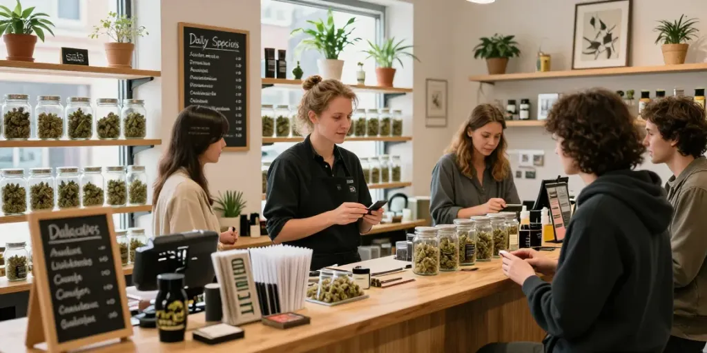 Customer interaction in a Luton weed shop with a knowledgeable budtender and various cannabis strains displayed.