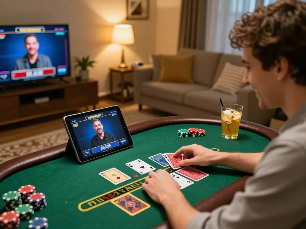 Player enjoying live blackjack on a tablet at home, experiencing rr88 com betting.