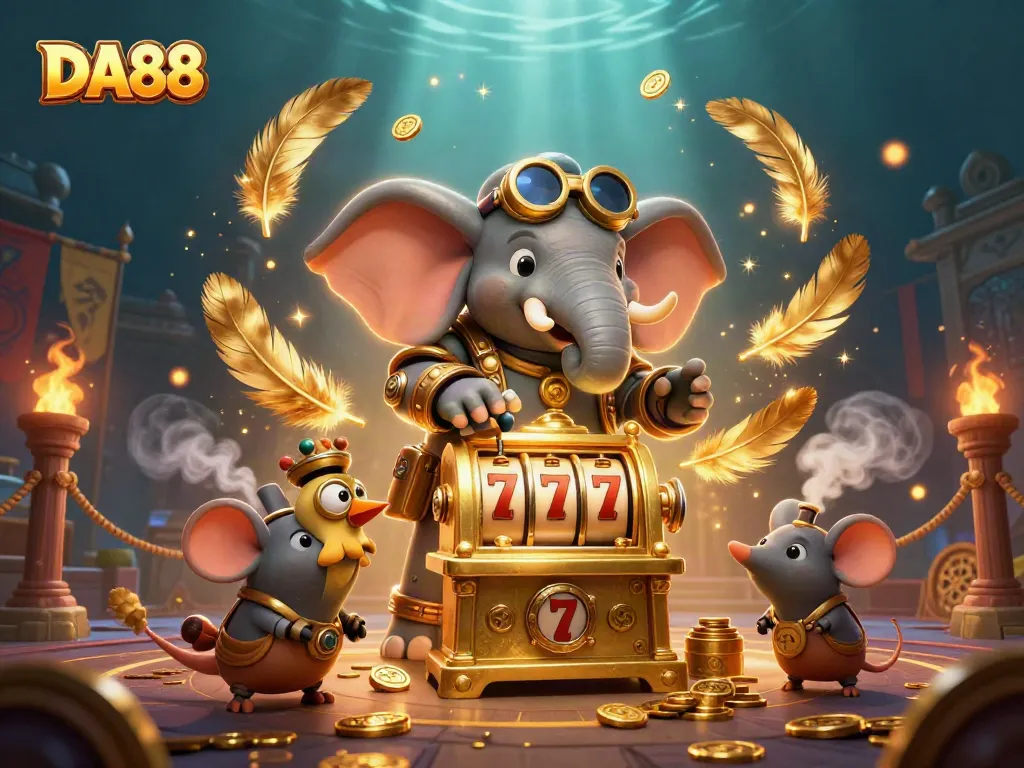Spin the DA88 golden slot machine with a whimsical steampunk elephant engineer