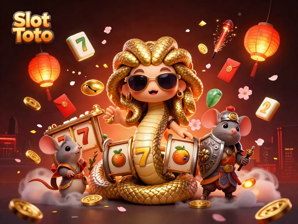 Slot Toto membawa keberuntungan dengan karakter Medusa dan mouse pejuang dalam suasana kasino yang meriah.