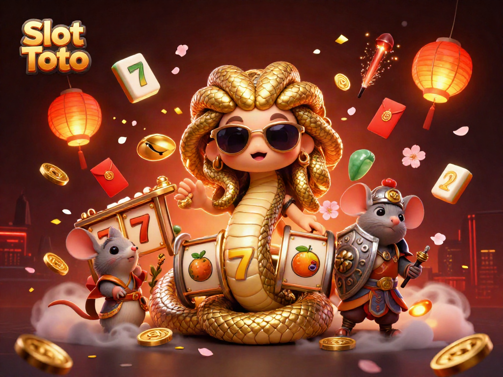 Slot Toto membawa keberuntungan dengan karakter Medusa dan mouse pejuang dalam suasana kasino yang meriah.