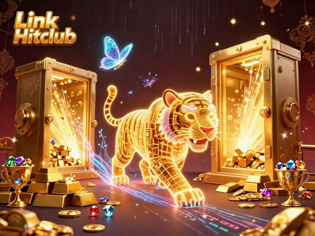 Experience excitement at Link Hitclub as the golden tiger roams a dazzling digital casino.