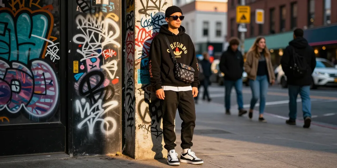 Fashionable individual wearing trendy 레플리카 streetwear posing against a vibrant urban backdrop.