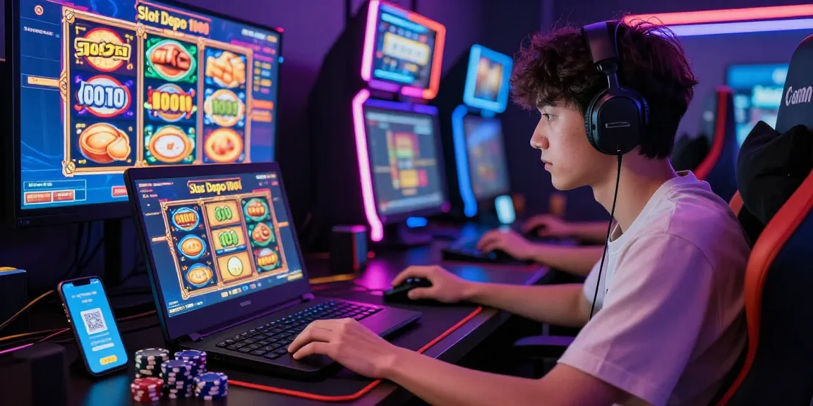 Engaged gamer playing Slot Depo 1000 online with neon lights and gaming accessories.