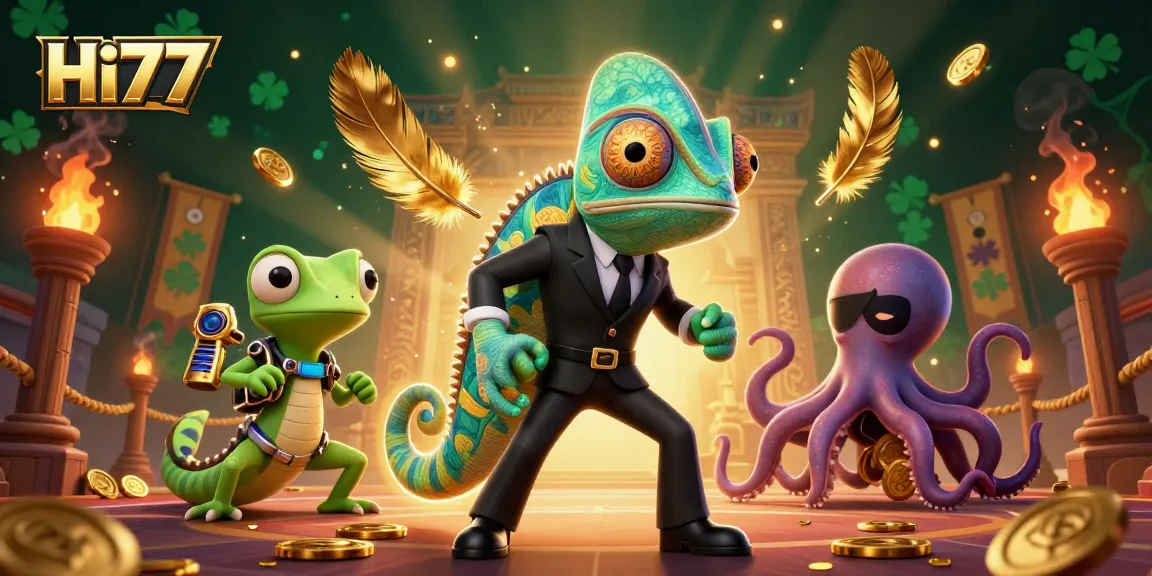 Experience excitement at Hi77 casino with colorful chameleons, golden tokens, and extravagant gaming elements.