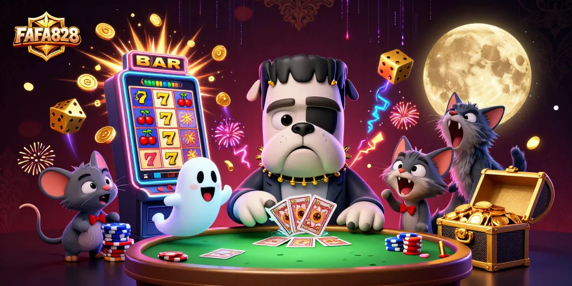 FAFA828's thrilling cinematic scene showcases a whimsical casino atmosphere with vibrant characters.