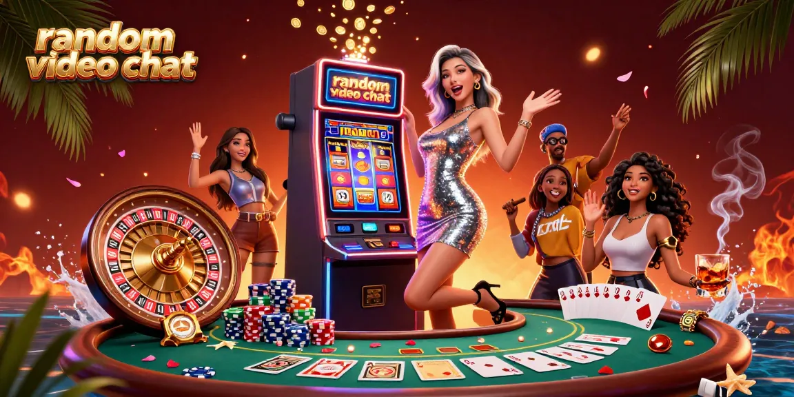 Engage in random video chat experiences as vibrant casino elements surround a celebratory figure.