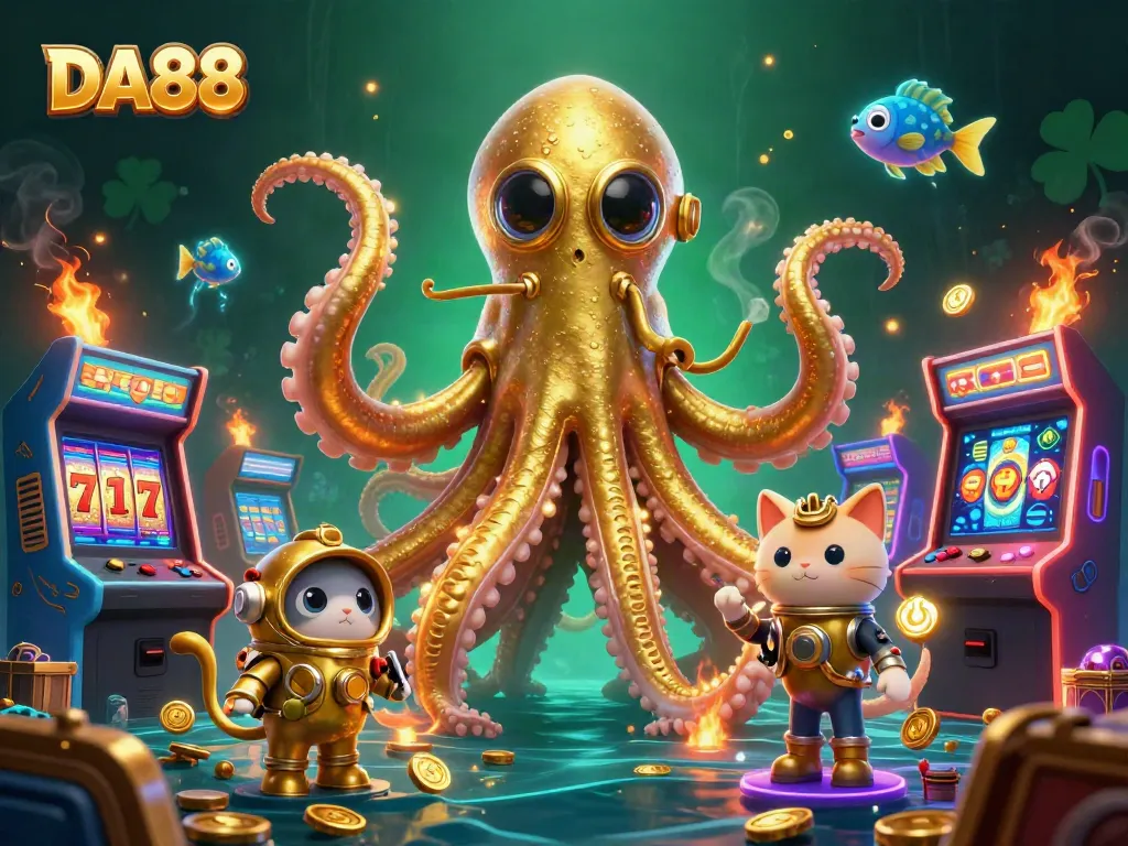 Engage in the thrilling universe of DA88 with a vibrant scene featuring a kraken, a diving cat, and arcade machines!
