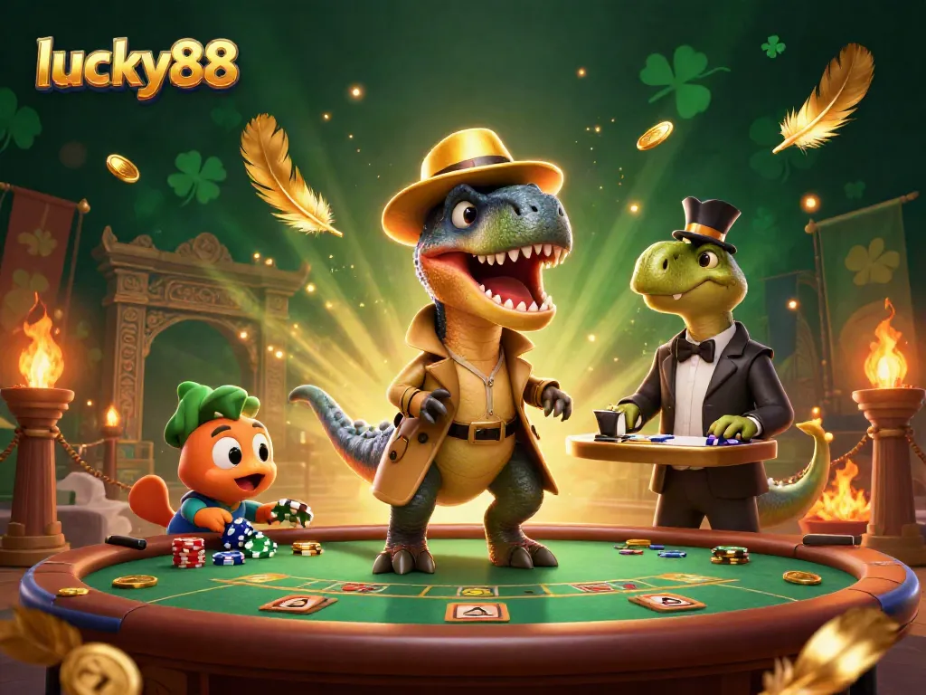 Win exciting games with lucky88 in a dynamic casino scene featuring thrilling characters.