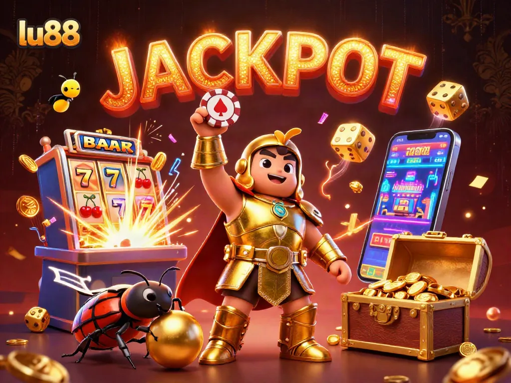 Experience big wins at lu88 with a jackpot celebration featuring vibrant characters and casino games.