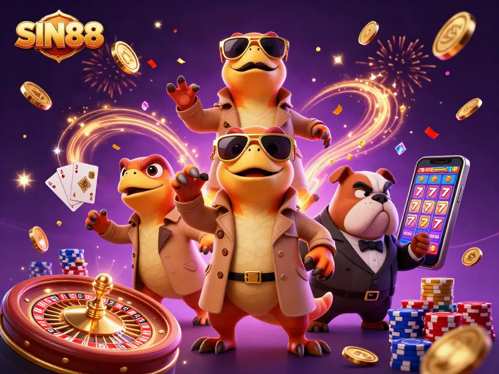 SIN88 raptors in a trench coat entering a VIP casino lounge, sparkling gems and gold coins flowing.