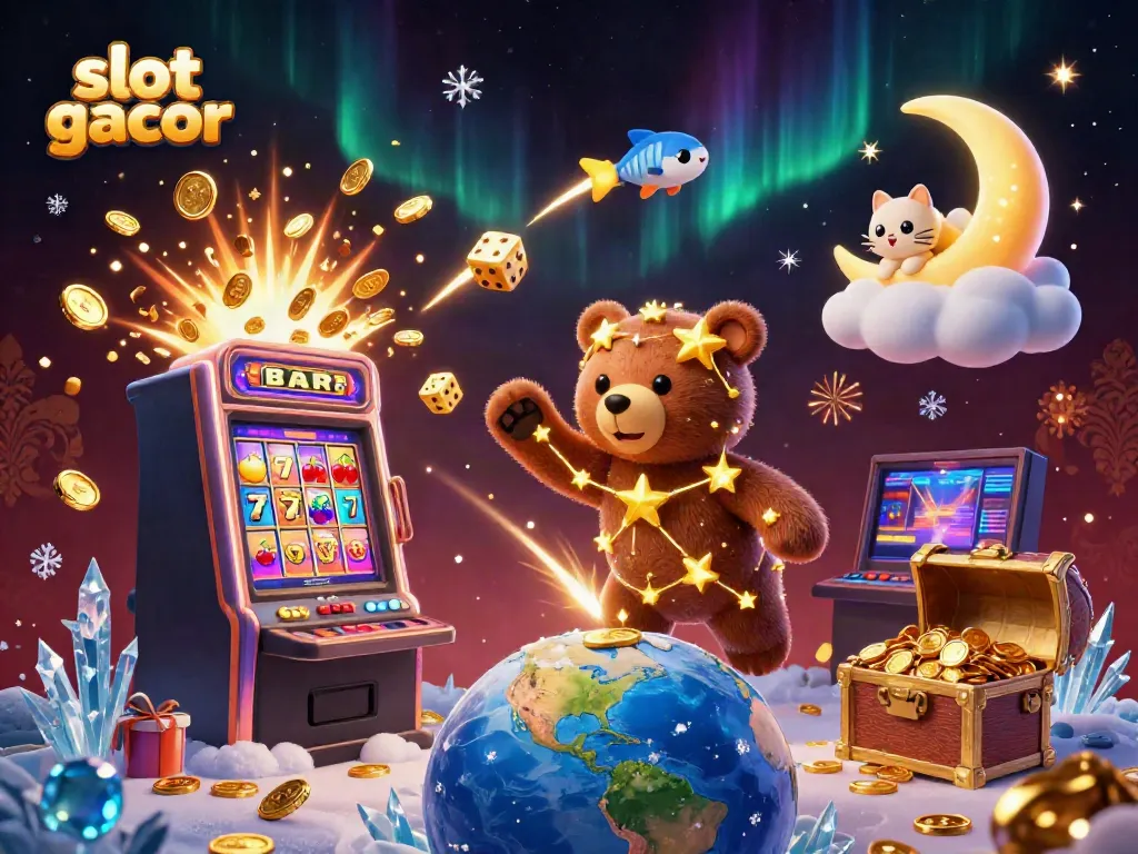 Engage with slot gacor in this vibrant 3D illustration of casino elements and characters.