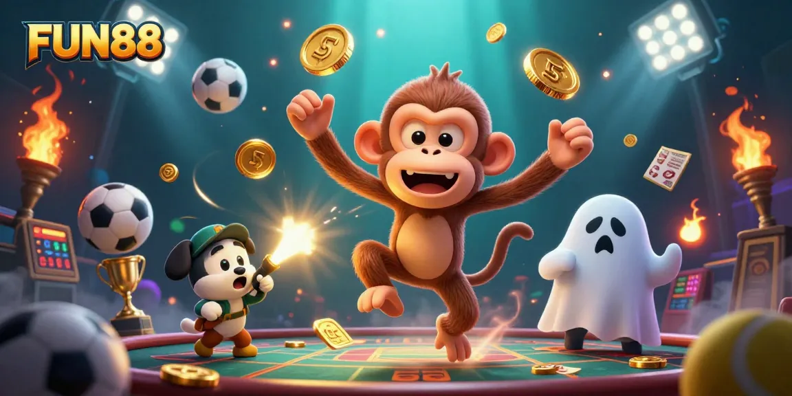 Experience FUN88 gaming with a mischievous monkey and curious puppy in a lively casino scene.