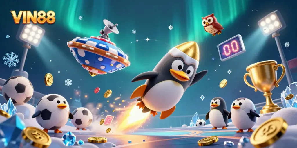 Bet with VIN88 while a golden penguin and casino space station create excitement