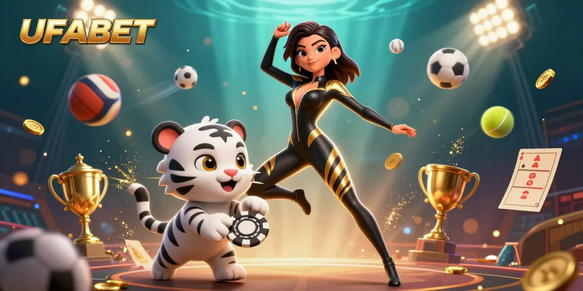 Experience thrilling sports betting at UFABET with dynamic gambling elements and vivid 3D illustration.