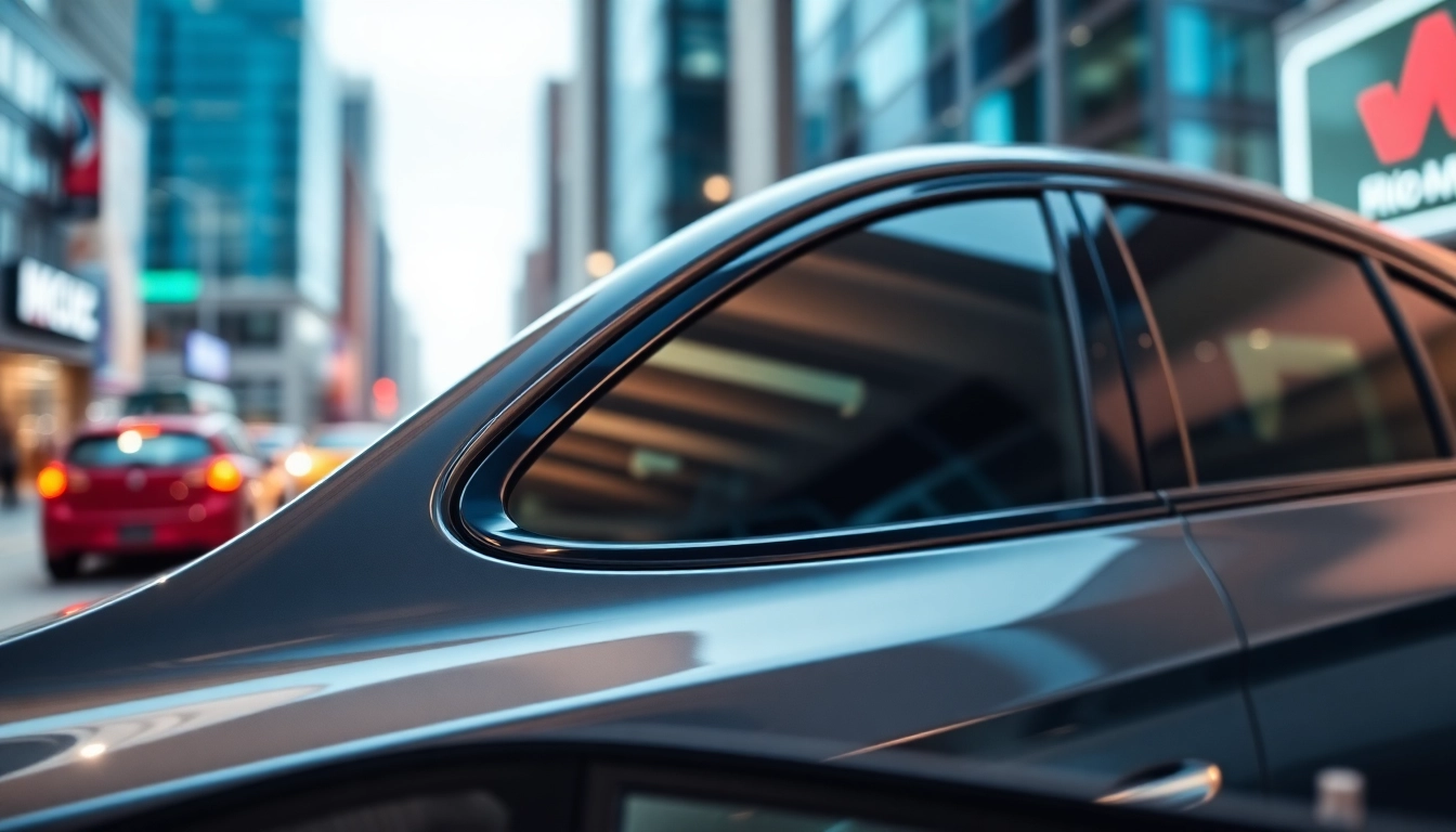 Car showcasing the best window tint Chattanooga TN against a vibrant urban backdrop, emphasizing luxury.