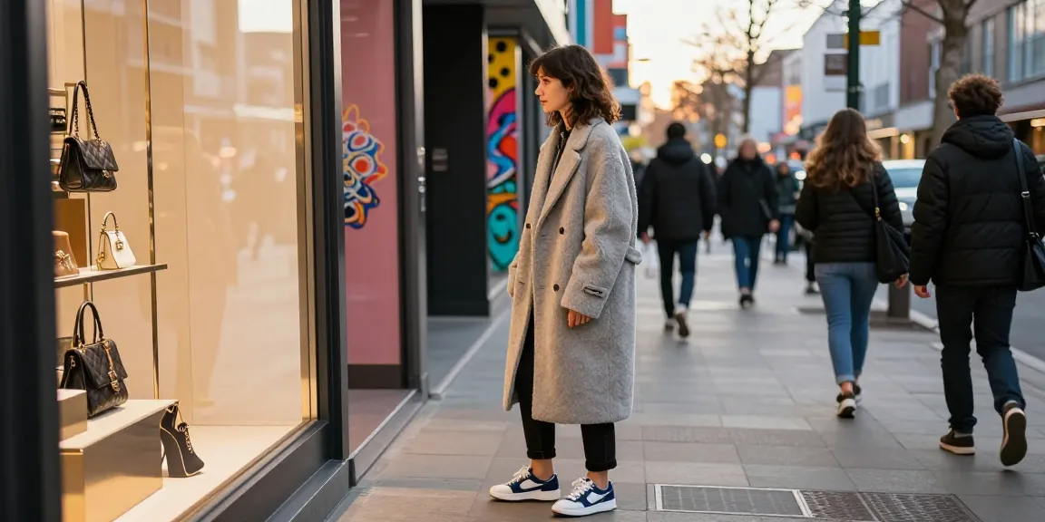 Stylish individual exploring 명품 레플리카 accessories in a vibrant urban fashion scene.