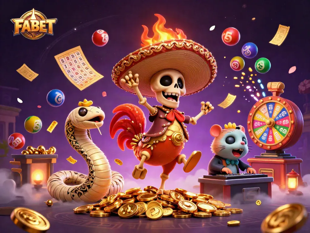 Join the festive FABET celebration with 3D characters dancing amidst a bounty of golden coins.