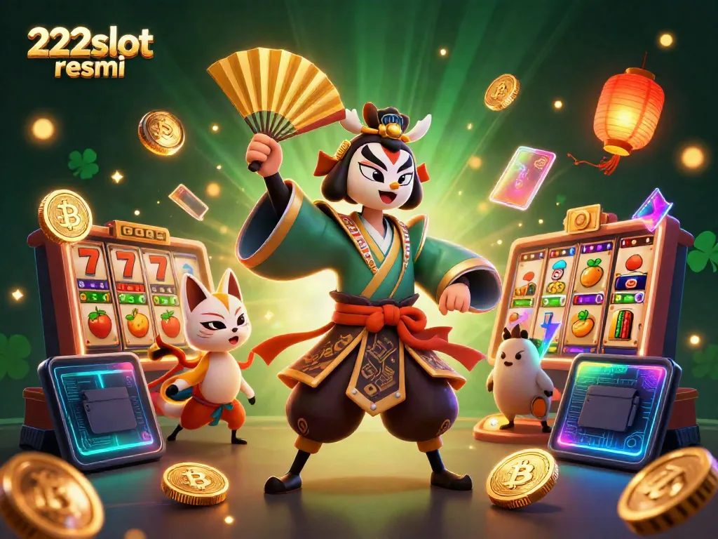 Permainan menarik di 222slot resmi dengan karakter kabuki dan elemen slot.